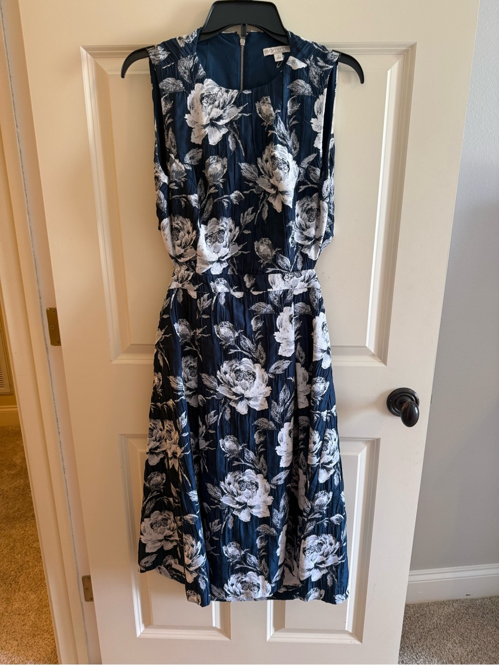 Sleeveless Navy Floral Midi Dress with White Bloom Print